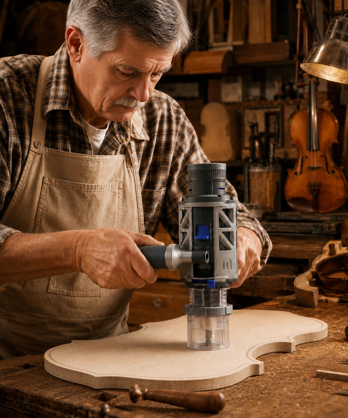 Craftsperson using the SPESYN ST3 precision drill with vertical guide on a wooden instrument part in a workshop