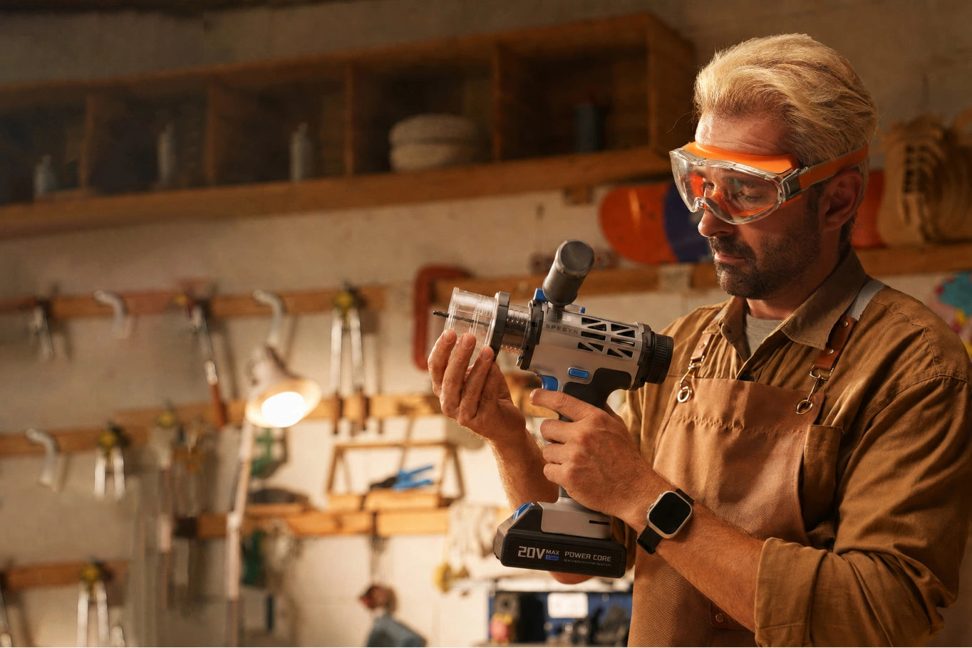 Engineer in a workshop inspecting and operating the SPESYN Tool 3 handheld precision drill, surrounded by mechanical parts and tools, warm natural lighting.