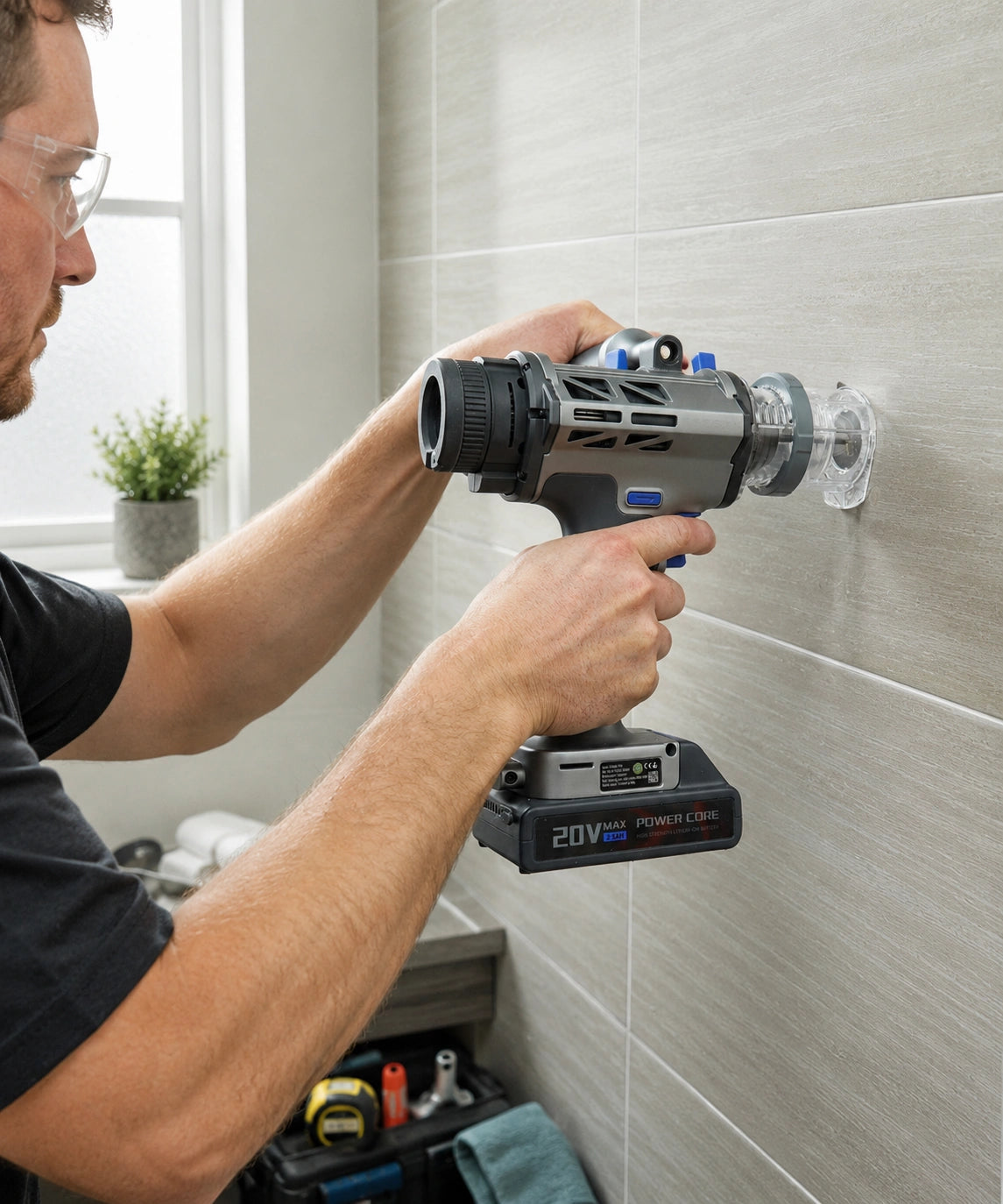 SPESYN ST3 cordless precision drill with vertical guide drilling a clean hole in bathroom tile